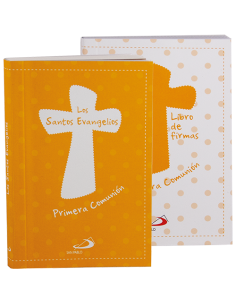 Un práctico regalo para la Primera Comunión que reúne una edición de bolsillo de Los Santos Evangelios y un Libro de firmas en 
