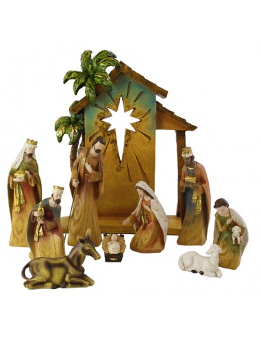 Nacimiento de 10 piezas
Incluye: San José, Maria, Niño Jesús en cuna, 3 reyes magos, pastor con oveja, buey y decorado.
Medid