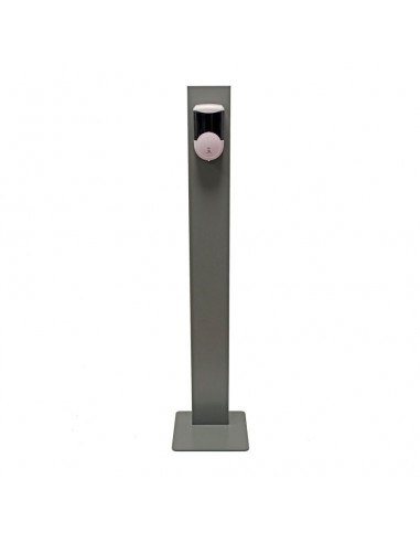 Dispensador de gel con pie de metal funciona con sensor de movimiento.
Ancho base: 31.50 cm x 31.50 cm 
Anchura barra:16 cm
