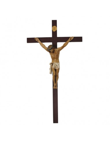 Crucifijo de pared en madera con cristo realista.
El crucifijo es de color madera oscura y de tablón fino con una altura de 60