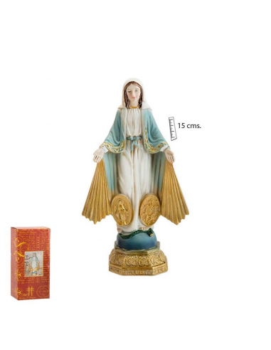 Imagen religiosa de la Virgen Milagrosa.
La Imagen aparece con sus rayos caracteristicos y, entre ellos, dos medallas.