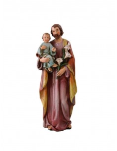 Imagen de San José con el niño en brazos.
En la representación se ve a José vestido con una túnica rosácea y ocre sujetando un