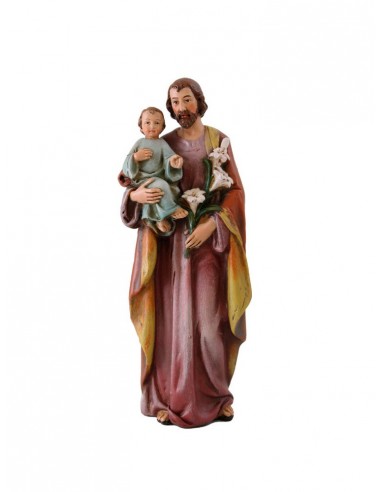 Imagen de San José con el niño en brazos.
En la representación se ve a José vestido con una túnica rosácea y ocre sujetando un