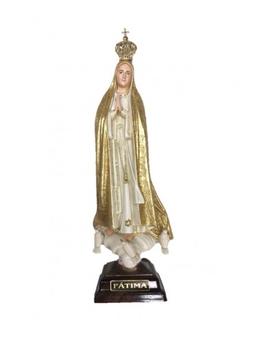 Virgen de Fatima con manto dorado de poliestireno de 27 cm 
Ojos pintados