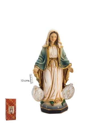 Virgen Milagrosa con medalla incrustada.
Realizada en resina.
Distintas medidas disponibles:
8 x 4 cm 
13 x 5´5 cm
20 x 9 