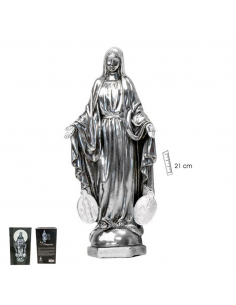 Virgen Milagrosa resina terminación plateado 21 cm.