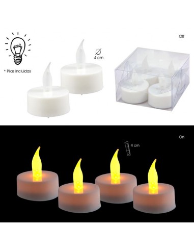 Set de 4 velas de te, electricas, a pilas.
Pack indivisible de 4 velas.