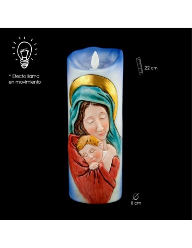 Velas a pilas efecto llama con imagen de la Virgen con Niño y fondo azul.
22 x 8 cm