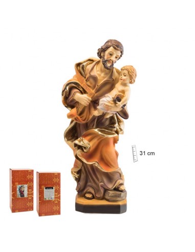San José carpintero con niño Jesús en brazos.
Resina.
31cm de alto.