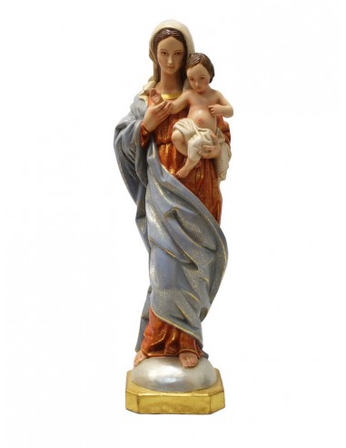 Virgen María con niño en madera.