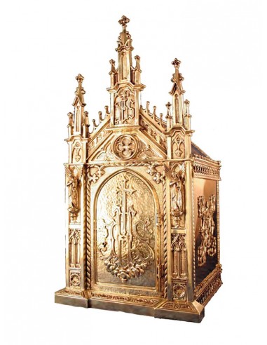 Sagrario bronce estilo gótico y con labrado de JHS.

Dimensiones: alto 78 x ancho 37 x fondo 34 cm