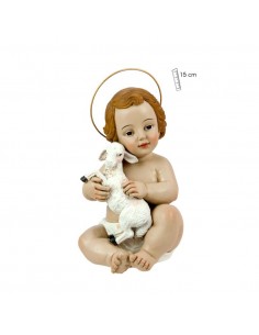 Niño Jesús con aureola sentado en el suelo sujetando entre sus manos una oveja.
Imagen realizada en resina mide 15cm de alto.
