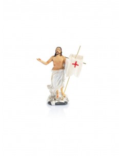 Jesús resucitado de resina. 
El banderín tiene un acabado en tela sobre la cruz de metal.
Medida: 8 cm de alto x 7 cm de anch