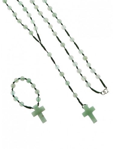 Set rosario y decena de piedra y cuerda con enganche en color verde en cajita.