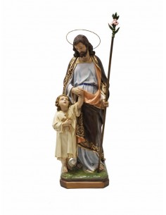 San José con niño Jesús fabricada en resina. 
La túnica de San José contiene pequeñas piedras en color rojo, así como detalles