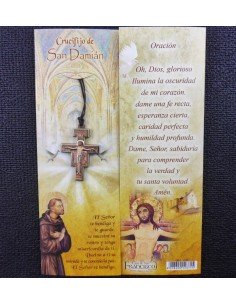 Carton con cruz de San Damian y la oracion en el reverso.