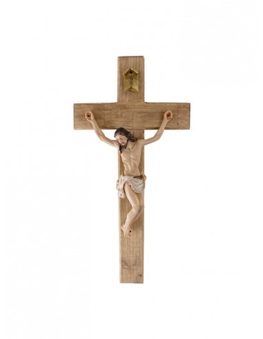 Cruz o crucifijo de pared con Cristo Crucificado.
Cruz realizada en madera, cristo realizado en resina.
Detalle del cartel IN