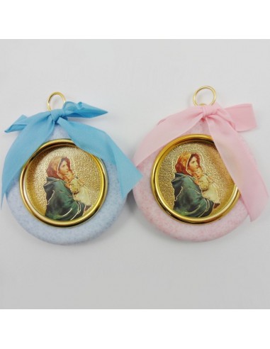 Medallon para cuna con imagen de Virgen cn niño 7 cm, disponible en azul y rosa
