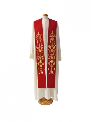 Magnifica estola roja con bordados en dorado para los periodos litúrgicos de pentecostés, de exaltación del espíritu santo o co