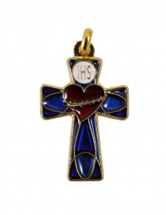Cruz de metal esmaltada en azul con decoración de corazón y espinas. 
Simbología IHS dorada en círculo superior sobre base bla