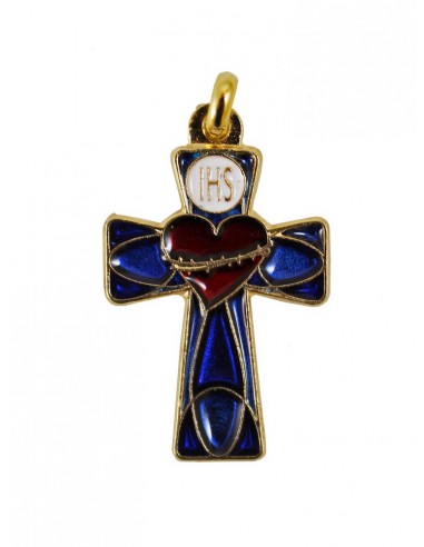 Cruz de metal esmaltada en azul con decoración de corazón y espinas. 
Simbología IHS dorada en círculo superior sobre base bla