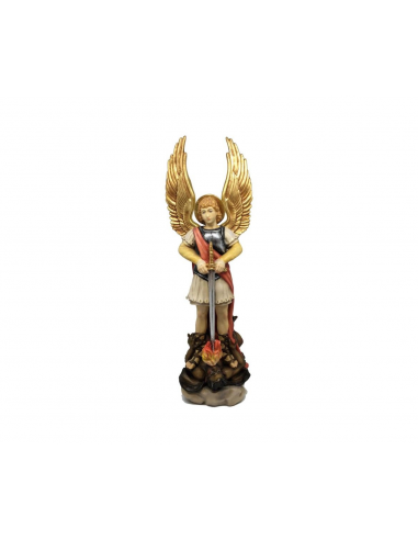 Imagen religiosa del Arcángel San Miguel fabricada en fibra de vidrio.
Esta figura está decorada con vivos colores. Las alas, 