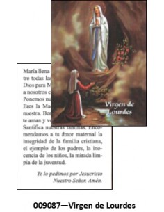 Estampa mini de Virgen de Lourdes.
Por la parte delantera aparece la imagen de Virgen de Lourdes y por detrás aparece reflejad