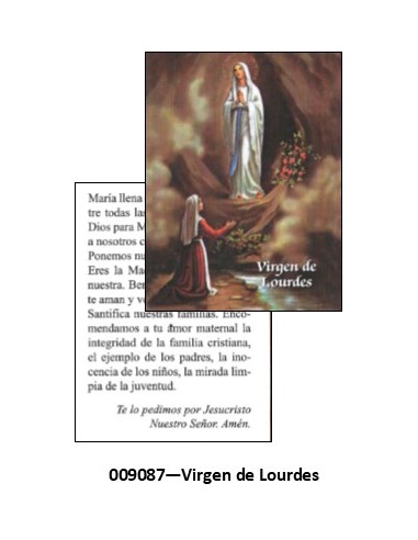 Estampa mini de Virgen de Lourdes.
Por la parte delantera aparece la imagen de Virgen de Lourdes y por detrás aparece reflejad