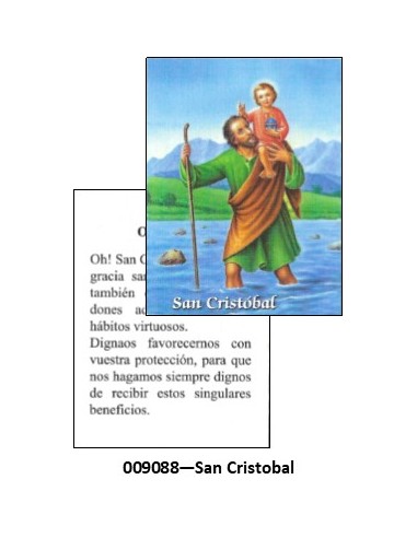 Estampa mini de San Cristobal.
Por la parte delantera aparece la imagen deSan Cristobal y por detrás aparece reflejada su orac
