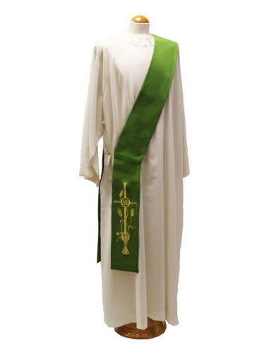 Estola para diácono realizada en poliester.
La está está disponible en los colores litúrgicos y lleva bordados un caliz del qu