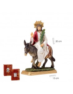 Imagne religiosa de Jesús en la Borriquilla.
Fabricada en resina, reproduce la entra de Jesús Cristo en Jerusalén a lomons de 