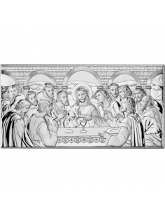 Icono religioso cuadrado que representa el cuadro de <strong>La Santa Cena. Este icono está fabricado en plata laminada.
Dispo