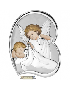 Icono religios en forma de corazón con la ilustración de un ángel arropando a un niño. Este icono está fabricado en plata lamin