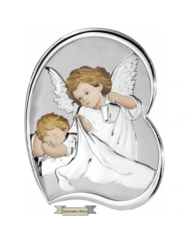 Icono religios en forma de corazón con la ilustración de un ángel arropando a un niño. Este icono está fabricado en plata lamin