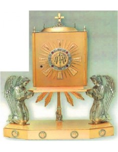 Tabor para sujetar el Sagrario en dorado con dos ángeles que sujetan la base para el Tabernáculo y un pequeño cordero con una c