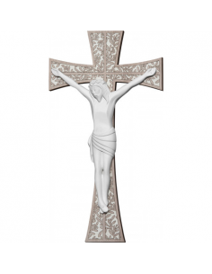Icono religioso de cristo crucificado fabricado en Resina Blanca.
La cruz tiene un diseño curvo con los extremos anchos. De fo