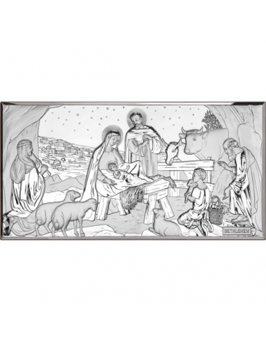 Icono religioso en plata laminada.
Muestra el nacimiento de Cristo en el portal de Belén con la familia sagrada acompañada de 