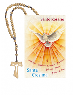 Rosario de madera con cruz Tau acompañado con un librito del Santo Rosario con una paloma en la portada.
Este es un regalo ide