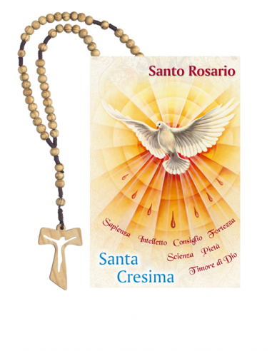 Rosario de madera con cruz Tau acompañado con un librito del Santo Rosario con una paloma en la portada.
Este es un regalo ide