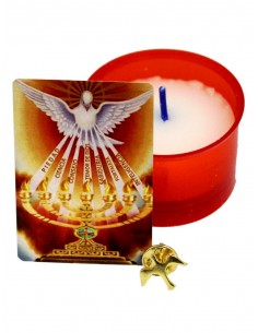 Pack para Pentecostés: incluye estampa del espiritu santo con oracion, pin de espiritu santo en color dorado y velón de parafin