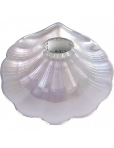 Concha de bautismo de cristal (Nacar) con estuche y aplique plata bilaminada. 14x14 cm. Comprando 6.