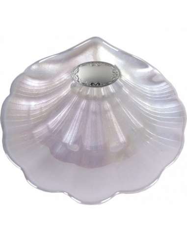 Concha de bautismo de cristal (Nacar) con estuche y aplique plata bilaminada. 14x14 cm. Comprando 6.