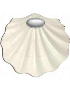 Concha de bautismo metálica y esmaltada con estuche autoventa y aplique plata bilaminada. 13x13.5 cm