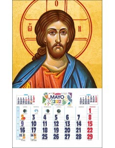 Sencillo calendario de pared con varilla para colgar con el rostro de Cristo en un icono y un faldón con una página arrancable 