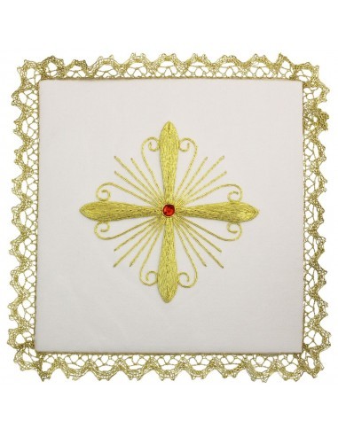 Palia de seda bordada a mano. 
4 colores liturgicos disponibles.
Terminadas con hilo metalico y puntilla de su color correspo