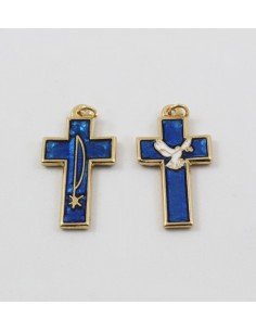 Cruz metal con esmalte azul, 4 cm, con espiritu santo en una cara y en la otra el Pax.