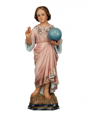 Imagen litúrgica del niño Jesús.
El niño Jesús se encuentra de pie dando las bendiciones y sujetando el mundo.
Viste una túni
