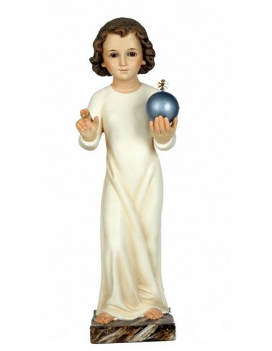 Imagen del niño Jesús.
El niño Jesús se encuentra de pie sujetando una bola y dando sus bendiciones.
Viste una túnica blanca 