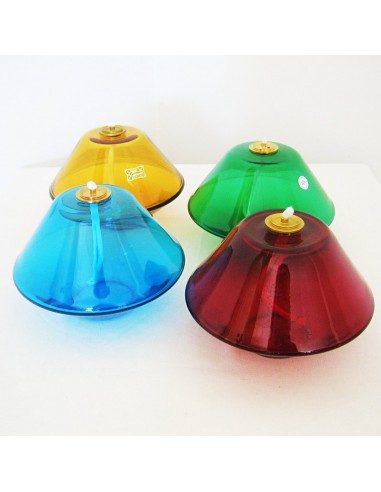 Lámpara de cristal para cera líquida. Disponible en diferentes colores. Dimensiones: Ø 16 cm x 12 cm

