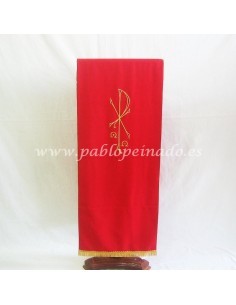 Paño de ambón con flecos y el simbolo PX ("Chi-Rho") bordado
Disponible en los colores litúrgicos
